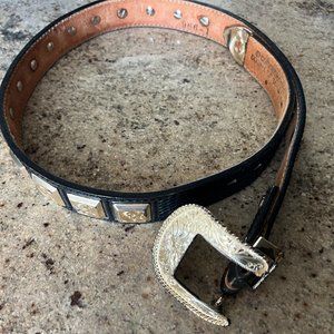 Double J men's western belt, black tooled leather, gold square conchos, size 38"